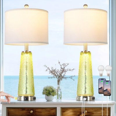 Taifa Glass Table Lamp with Nightlight and USB Charging Ports AC Outlet
