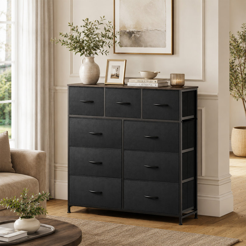 Commode 9 tiroirs avec plateau en bois Reinardo, Noir