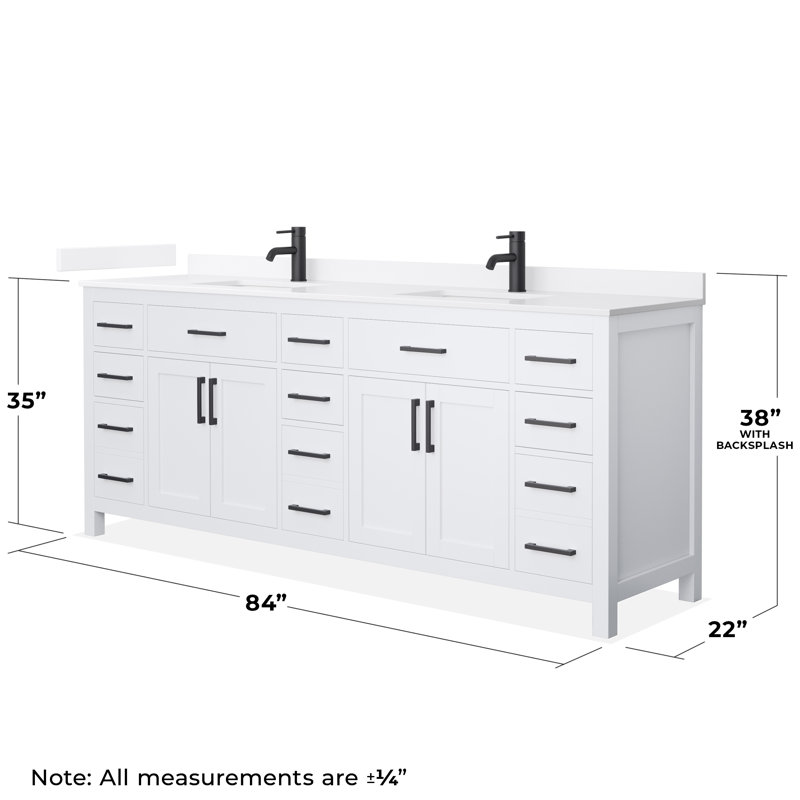 Beckett 84" Freestanding Double Bathroom Vanity with Quartz Top, White, White Quartz, Matte Black