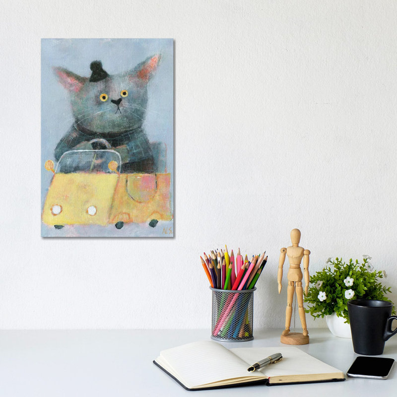 The Cat In The Yellow Car By Natalia Shaloshvili - Wrapped Canvas Painting by Natalia Shaloshvili - Wrapped Canvas Painting