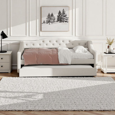 Upholstered Twin XL Daybed with 7-Color LED Lighting, 2 Storage Drawers & Linen Upholstery, Beige