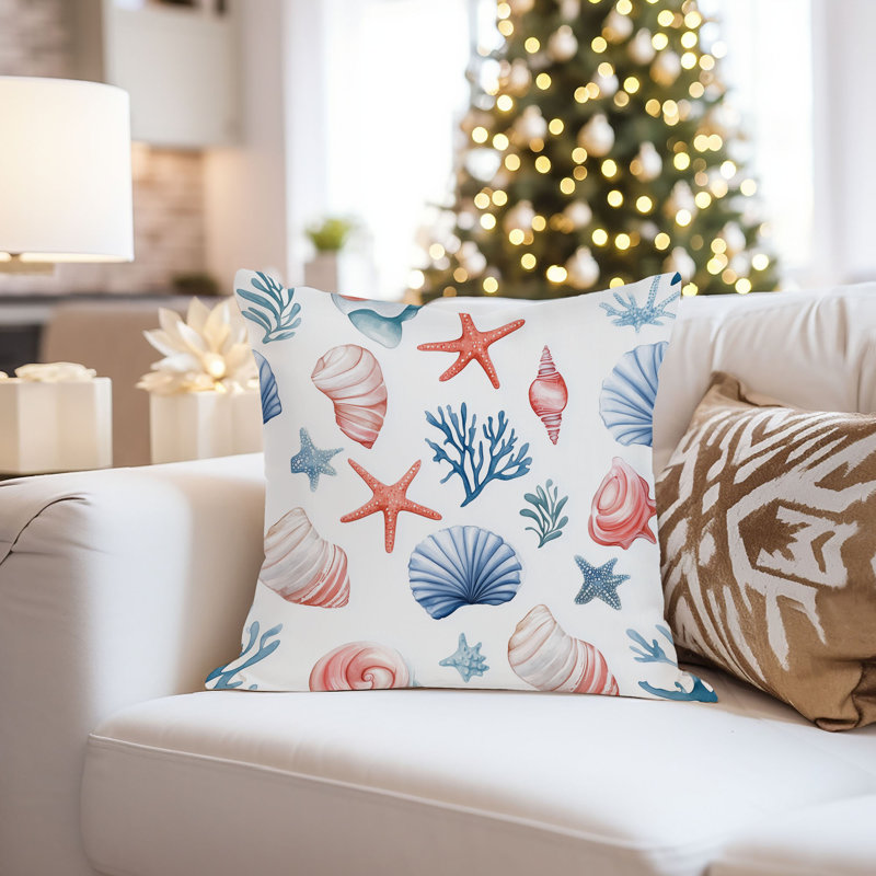 Housse de coussin nautique Beach and Coastal Seashells, Carré 18 po, Blue/Red Nautical/Beach 5