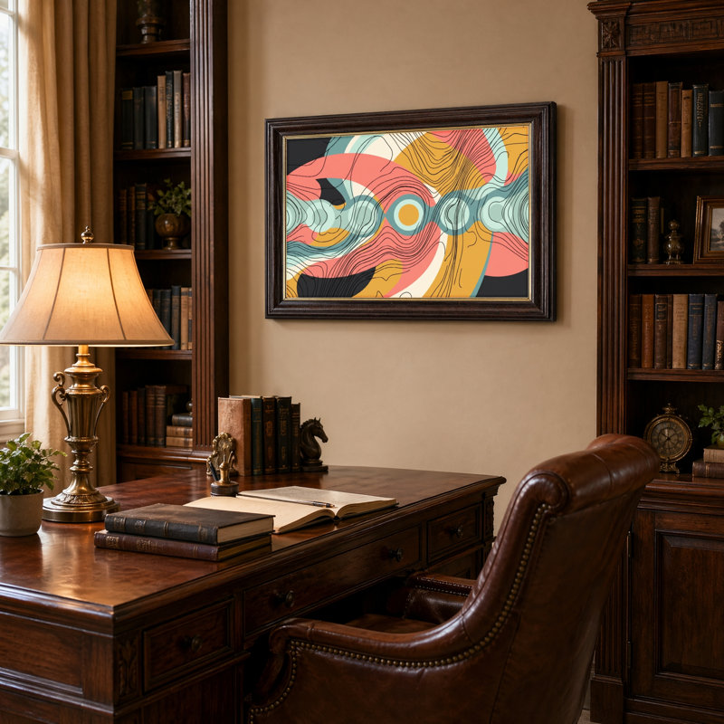 Art mural antique sur toile encadré doré pour le salon, la chambre à coucher, le bureau ou le vestibule - Décoration murale décorative avec vagues abstraites