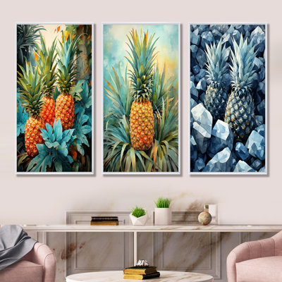 Ananas vert et bleu, paradis tropical I - fruits, ensemble de 3 reproductions d'art mural