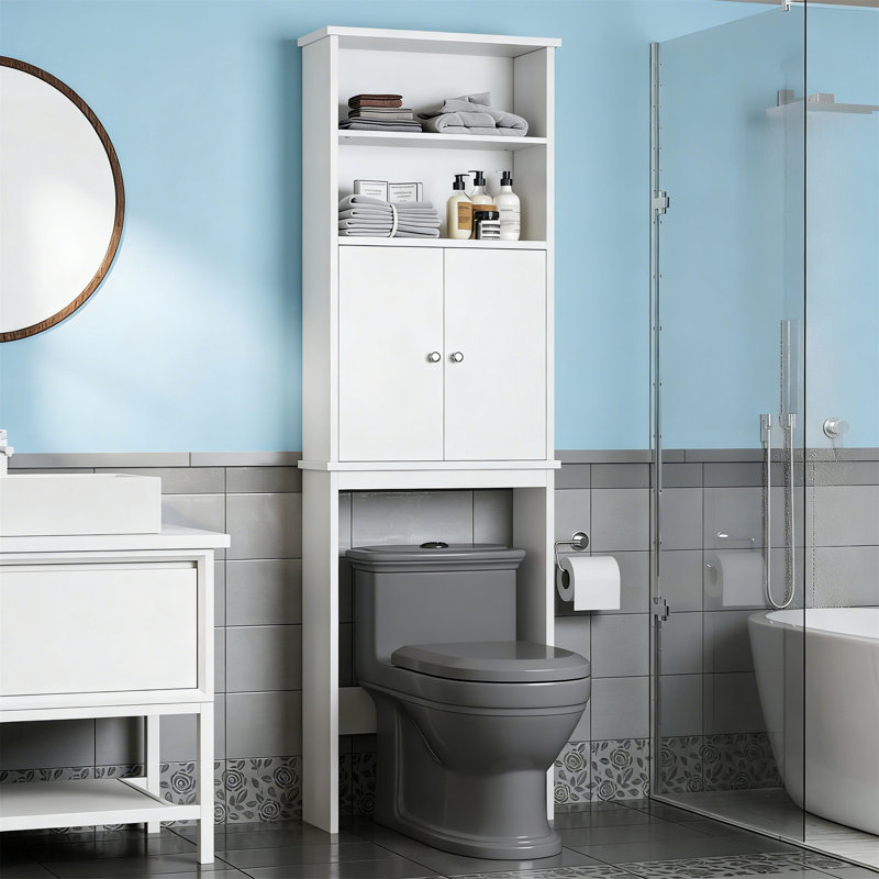 Over The Toilet Storage Cabinet With Open Bottom Bar & Adjustable Shelf, Anti-Tip, White, White