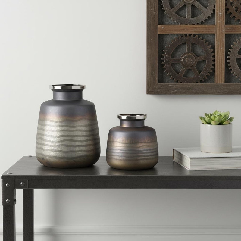 Ensemble de deux vases de table ronde en verre abstrait noir et gris