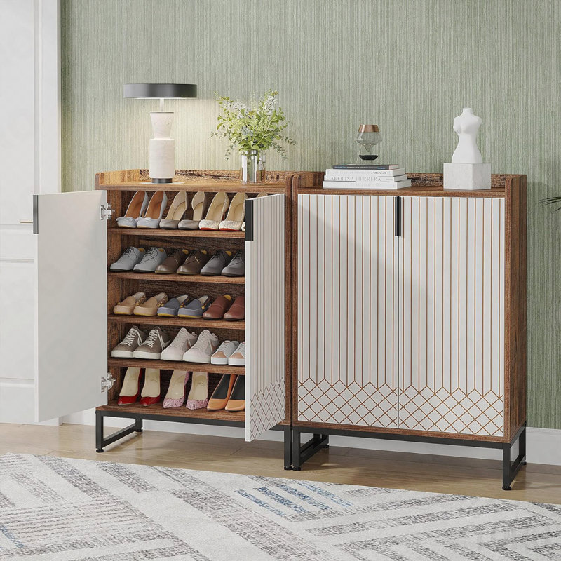 29.5" Shoe Cabinet, 5-Tier, Doors for Entryway - Brown/White