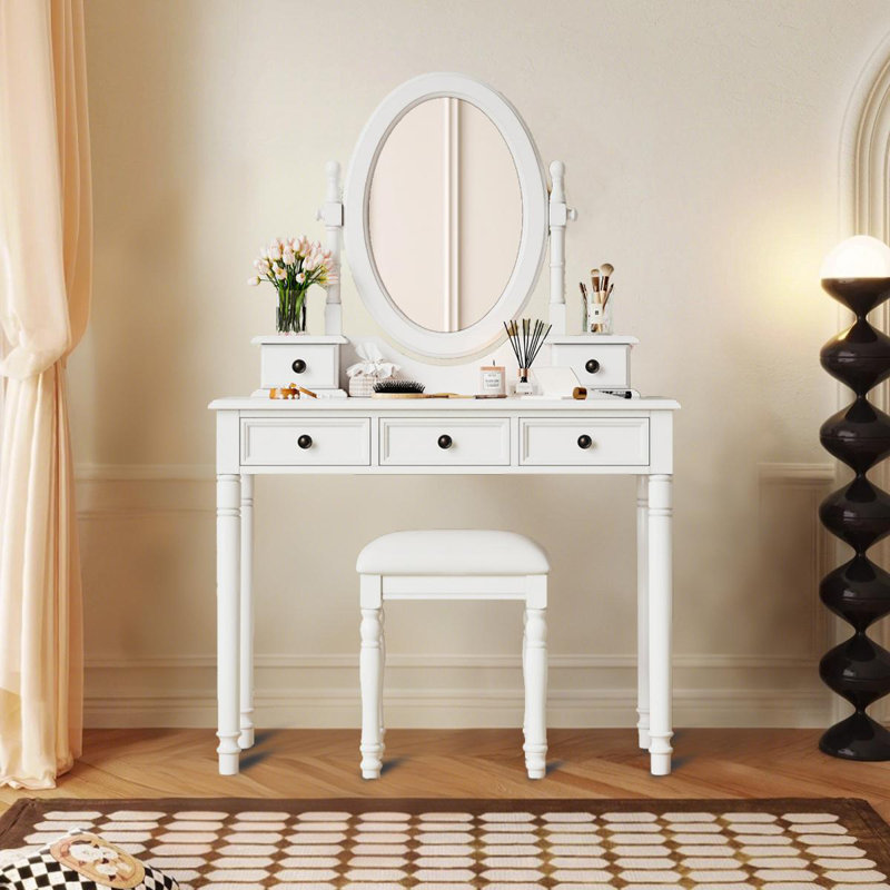 Vanity Desk With Adjustable Angle Mirror, Vintage Vanity Makeup Table And Cushioned Stool Set With Velvet Fabric Lining 5 Drawers,Wooden Dressing Table Set For Bedroom, White