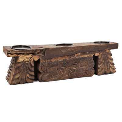 Emery Antique Carved 3-Pillar Candle Holder, Metal, Brown Old Wood 20 Inch