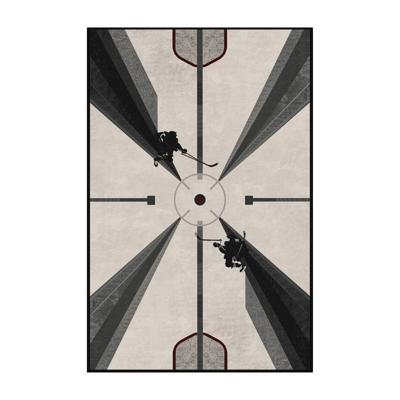 Machine Washable Cain Ice Hockey Faceoff Modern & Contemporary Geometric Rug in Beige – Black Binding, 2x5