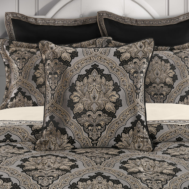 Coussin décoratif décoratif carré Harriman de 20 po, Carré 20 po, Noir damassé