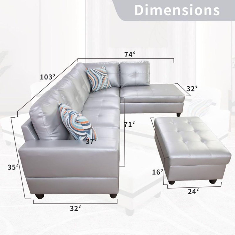 3 - Piece Semi Pu Synthetic Leather Sectional, Silver Faux Leather