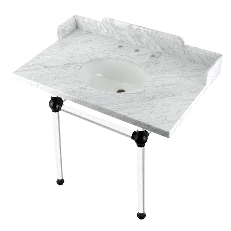 Kingston Brass Pemberton 36-Inch Carrara Marble Console Sink with Acrylic Legs (8-Inch, 3-Hole), White/Matte Black
