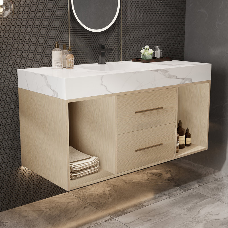 Meuble-lavabo flottant 39,4 po avec lavabo en céramique, 2 tiroirs à fermeture en douceur et plateau en ardoise blanche, 40"