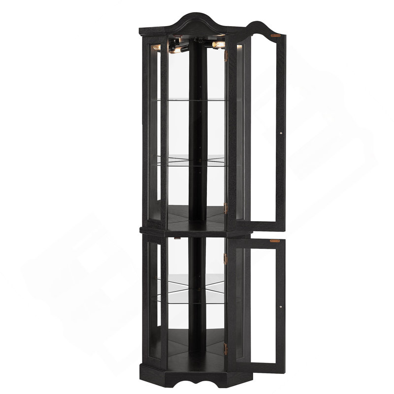 Lighted Corner Curio Cabinet With Tempered Glass Doors & Shelves - Elegant Oak Display Storage For Living Room & Bedroom Decor-BLACK