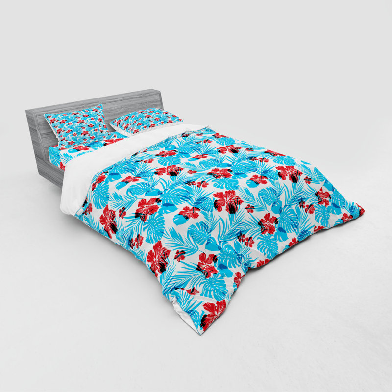 Ensemble de housse de couette en microfibre bleu ciel / rouge, Housse de couette grand + 3 pièces supplémentair