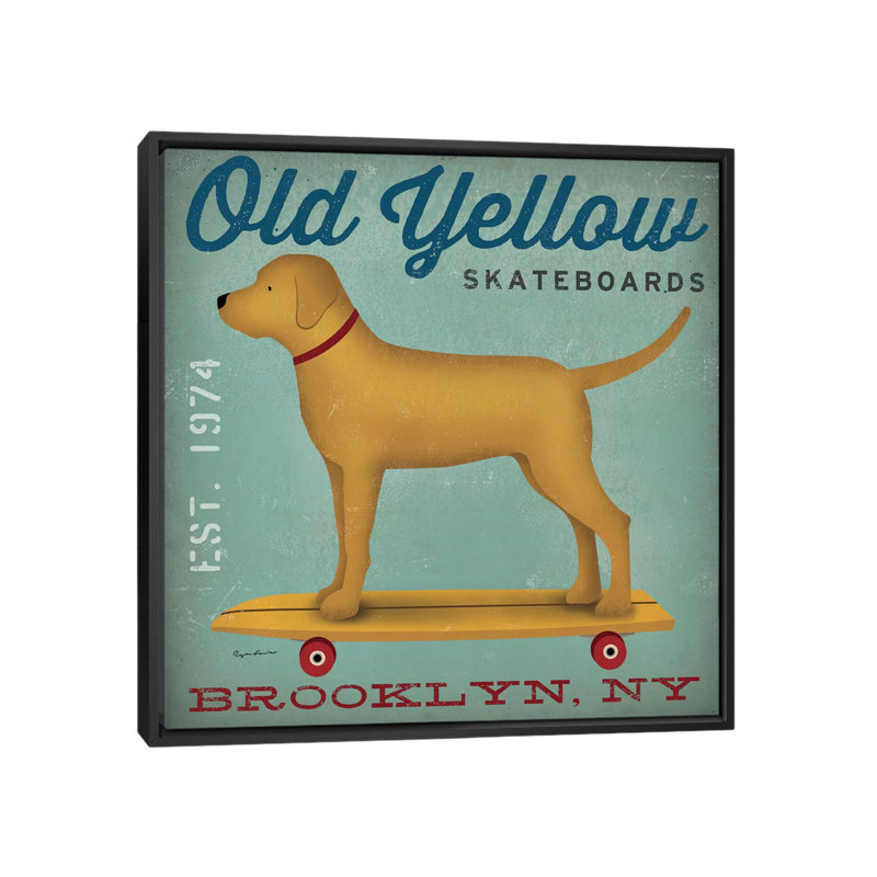 «Dog on Skateboard», affiche vintage sur toile tendue, H 12 po x l 12 po x P 1,5 po, Toile avec cadre noir
