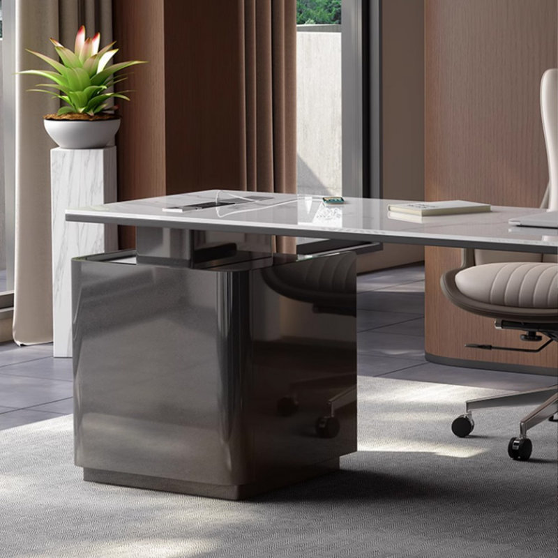 White + DarkGray Rectangular Sintered Stone + Manufactured Wood + Stainless Steel with 3 drawers desk