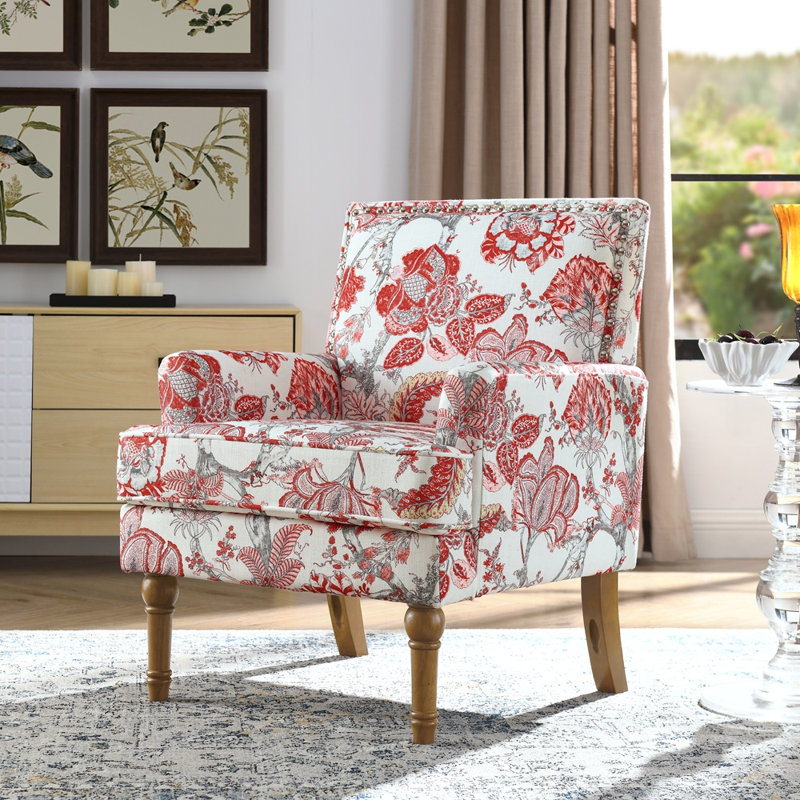 Fauteuil rembourré avec pieds en bois massif, Rouge