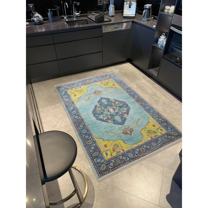 Tapis bleu / jaune à motifs traditionnels, Rectangle 4 pi 11,06 po x 9 pi 10,11 po