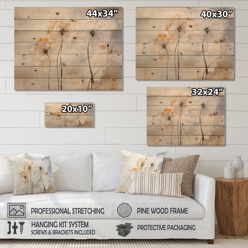 Minimalisme pissenlit - art mural en bois de pissenlit sur bois de pin naturel, H 10 po x l 20 po