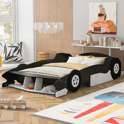 Lit plateforme en forme de voiture de course avec roues, durable et sécuritaire, disponible en plusieurs tailles et couleurs