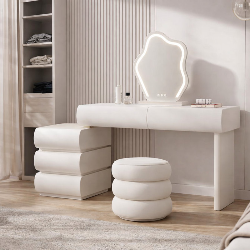 Coiffeuse de maquillage avec miroir et tabouret à DEL - Coiffeuse moderne avec 5 tiroirs pour la chambre à coucher, lumières à capteur tactile, miroir rabattable, tabouret rembourré doux, 39,4 po / blanc cassé