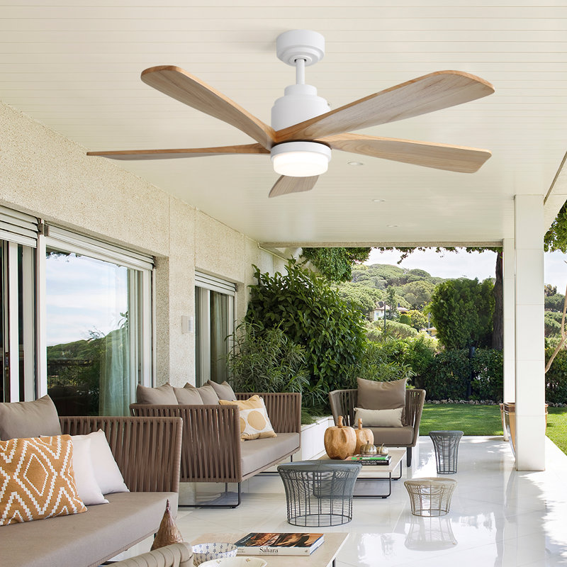 Sofucor 52" 5-Solid Blade Smart Modern Ceiling Fan with LED Light，Remote, White with Soild Wood Blades