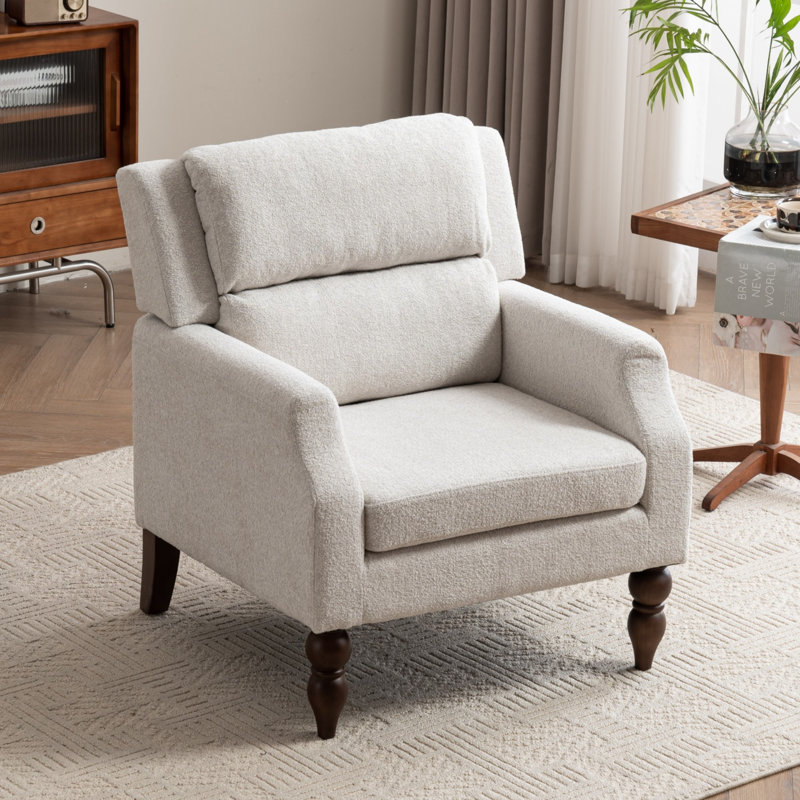 Boucle Fabric Accent Chair with Solid Wood Legs, Beige Polyester Blend