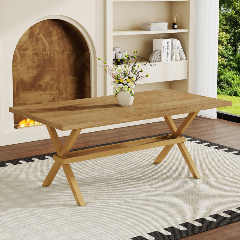 71 po x 35,4 po en bois MDF, table de salle à manger avec support en forme de X en métal pulvérisé. La table de restaurant moderne et minimaliste peut accueillir de 6 à 8 personnes.