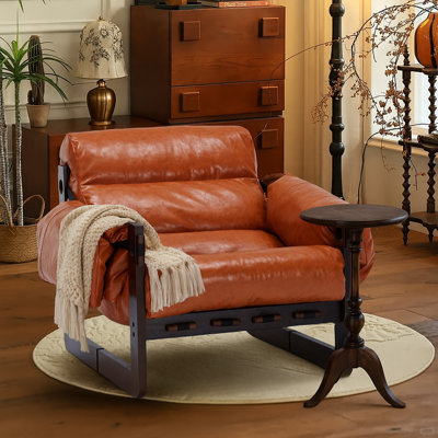 Fauteuil de salon en cuir et en cire d'huile rétro avec cadre en bois et coussin éponge haute densité