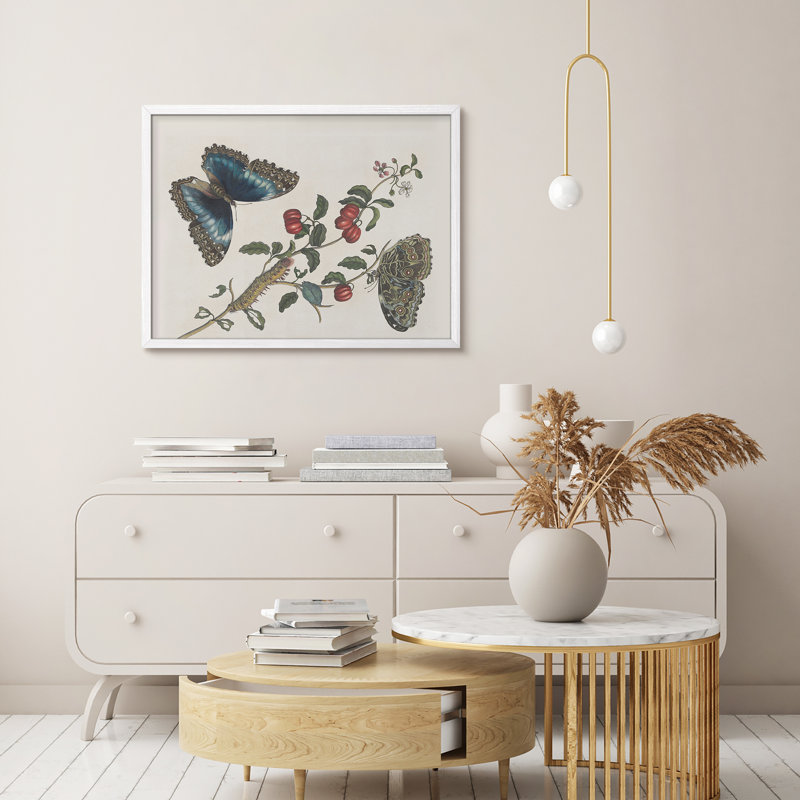 "Papillon chenille sur des branches de fruits, art encadré, affiches, salle de bain, petit art mural", Blanc