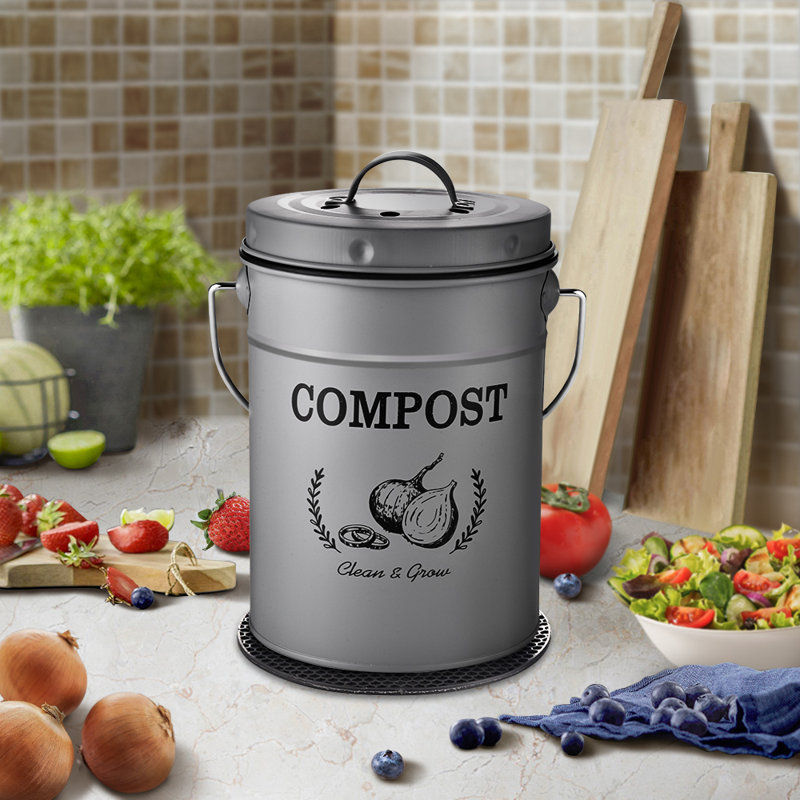 1 gallon Composteur de cuisine intérieur en métal résistant aux odeurs avec couvercle verrouillable, Noir
