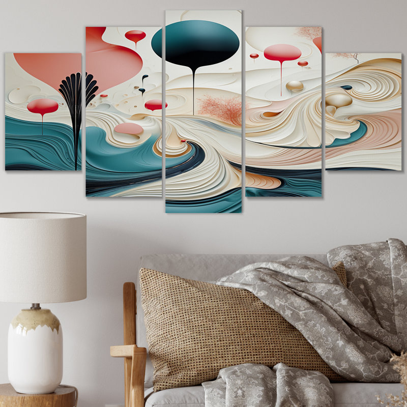 «Abstract Blue Moon Landscape In Retro Blue», reproduction d'art sur toile à spirales abstraites - 5 panneaux