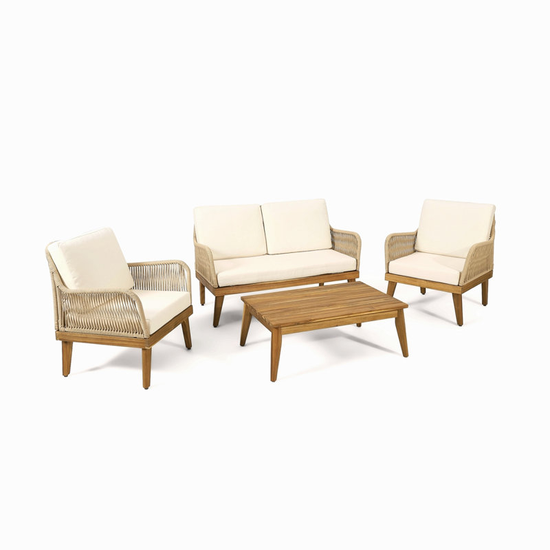 Outdoor 4-Piece Acacia Wood Chat Set With Rope, 1 Loveseat And 2 Club Chairs Acacia Wood Conversation Sofa And 1 Table Set With Water Resistant Cushions, Teak Finished For Outdoor