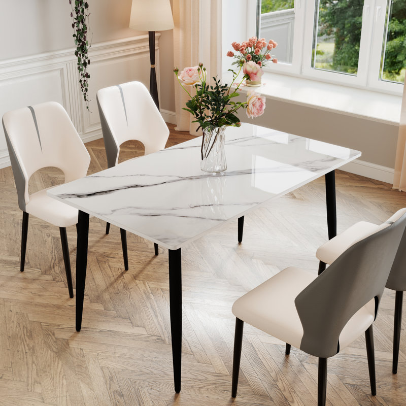 Table de salle à manger moderne à 4 pieds avec plateau en pierre frittée, Black, Blanc/Noir