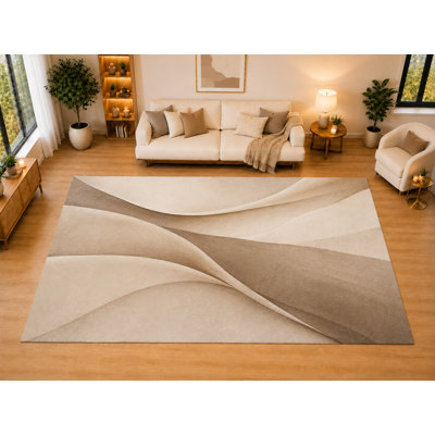Tapis de salon, chambre ou salle à manger « ultra-léger » de 200 cm x 300 cm, à motif ruban fluide, doux et à poils courts, envers antidérapant, couleur gris-beige ivoire.