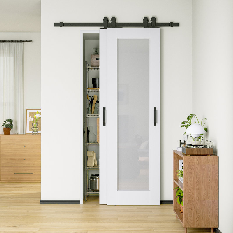 Porte de grange coulissante en verre givré 1-Lite 40 po x 80 po avec ensemble de quincaillerie d'installation / pas d'assemblage requis