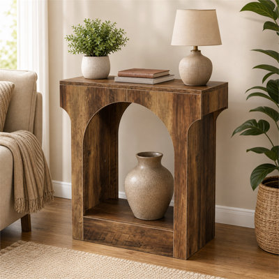 Minimalist wood-grain two-tier side table—a multifunctional, compact table featuring tiered shelving for decorative storage, perfect for placement bes