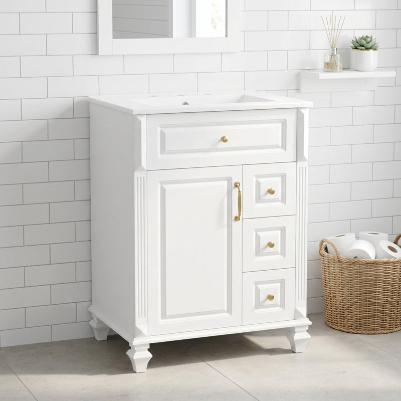 Compact Freestanding Bathroom Vanity with Ceramic Sink and Ample Storage, Featuring Flip-Out Drawer and Adjustable Shelving for Modern Bathroom Organization