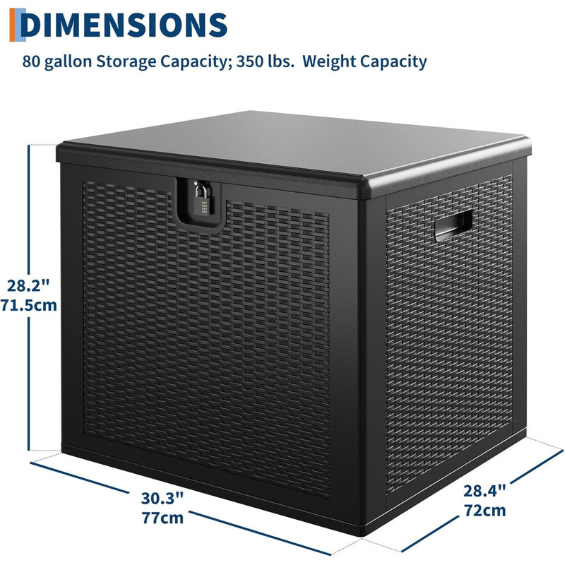 80 Gal Waterproof Resin Deck Box with Rattan Texture, Lockable UV-Resistant Storage for Patio, Garden & Indoor Use, Black