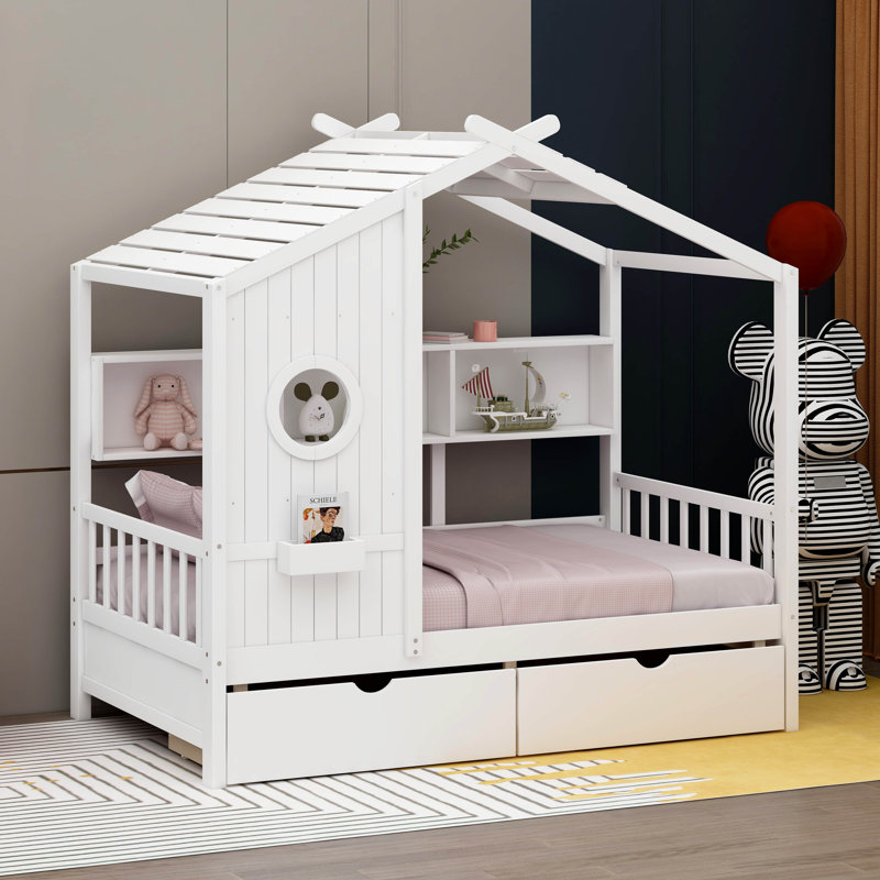 Vidoje Kids Bed with Storage Shelf, Twin, White