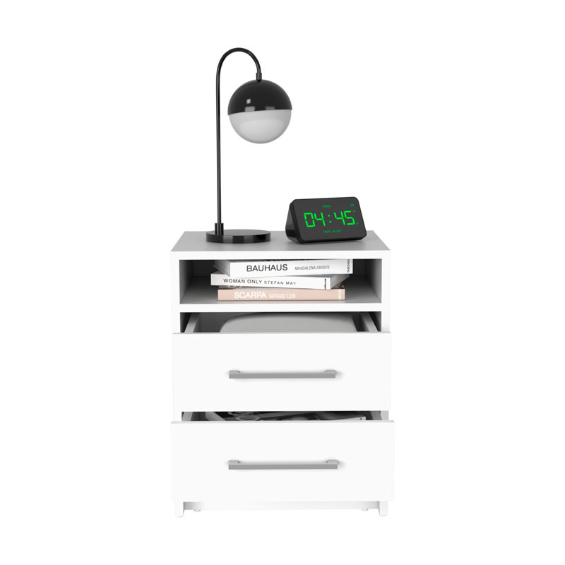 Table de chevet compacte Eter avec deux tiroirs et une tablette, rangement de chevet minimaliste, blanc