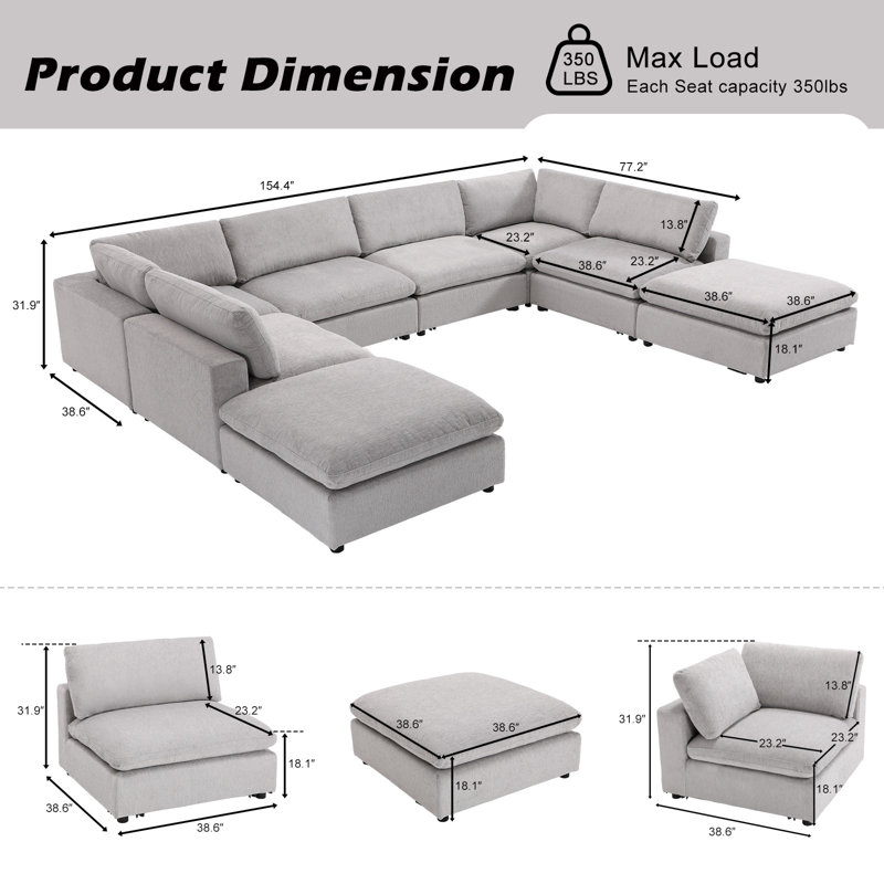 Nuccio 8-Piece Minimalist Modern Soft-Upholstered Sectional With Ottoman