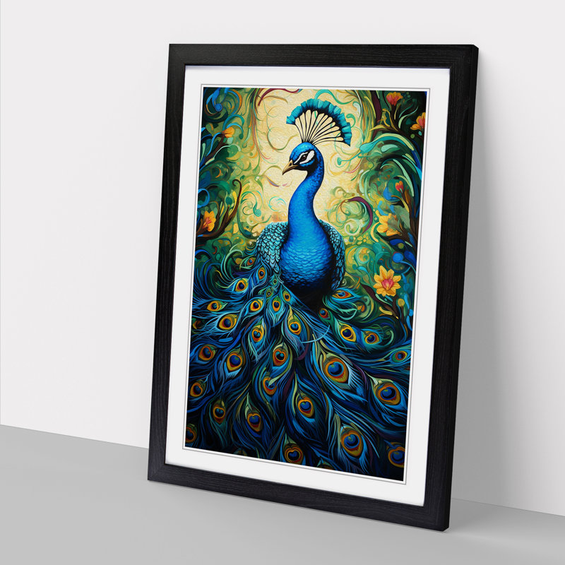 Peacock Action No.2 - Single Picture Frame Print on Wood, 64cm H x 46cm W x 2" D, Black Framed