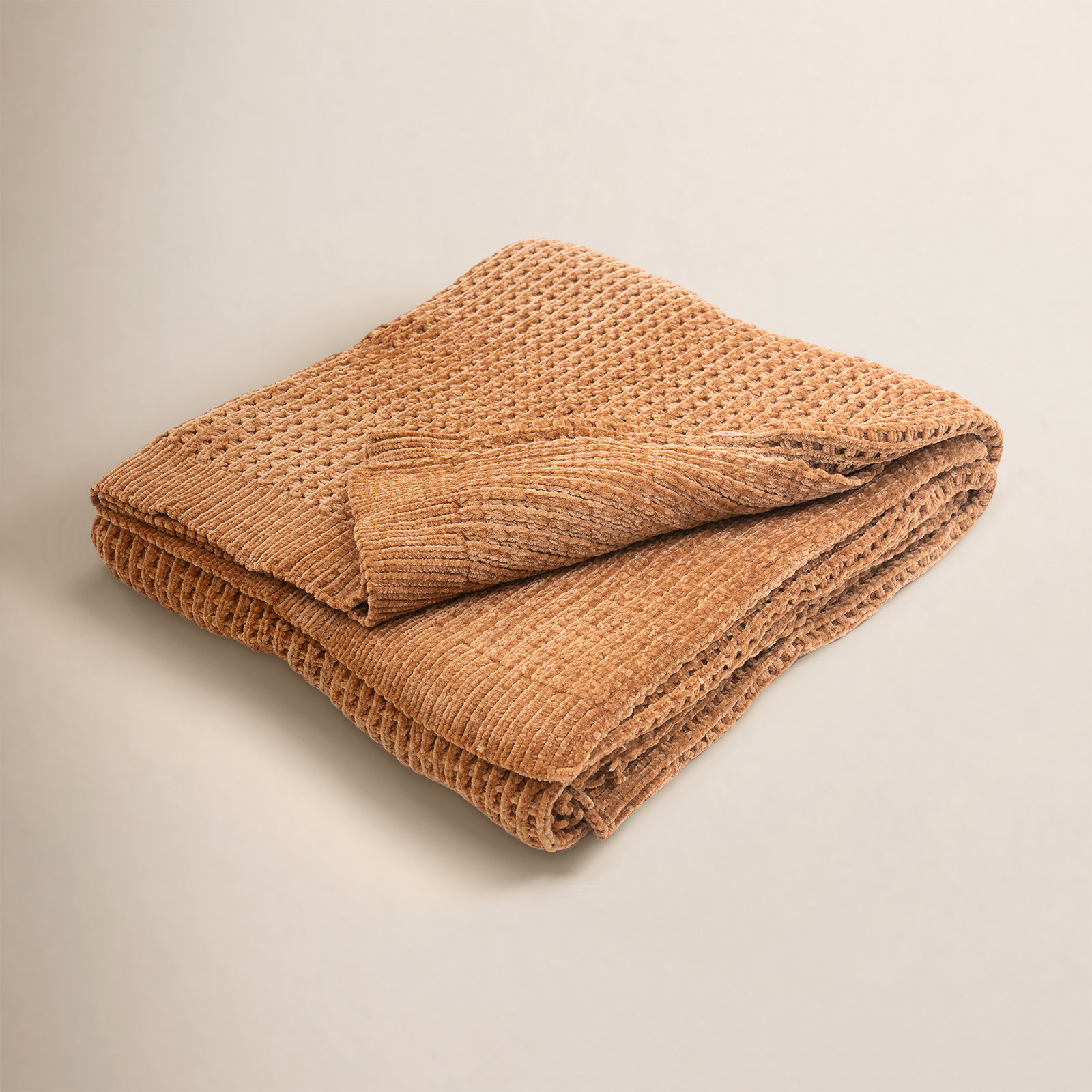 Amor Waffle Knitted Throw Blanket, Ginger