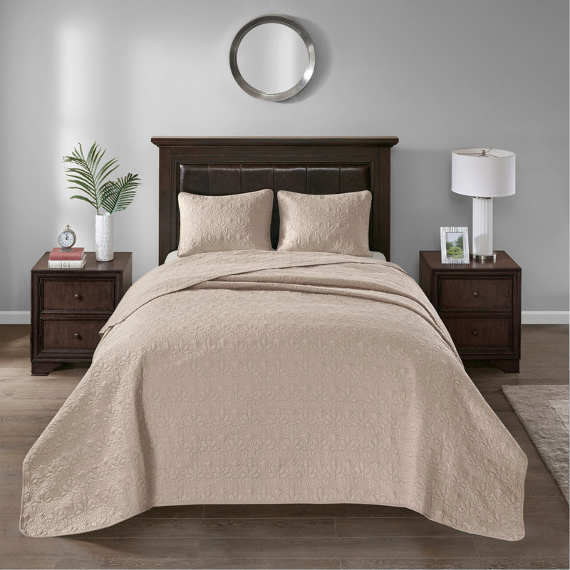 Reversible Bedspread Set Khaki Queen, Khaki Floral, Queen Bedspread + 2 Shams