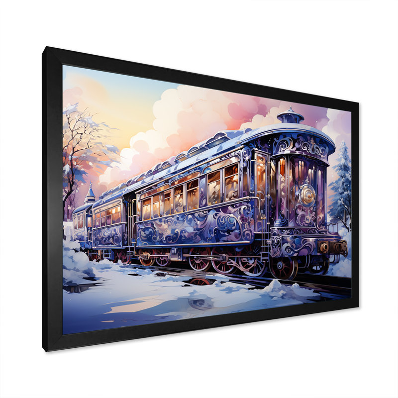 Voyage de Noël en train II - train, art mural, Cadre d'angle fermé noir, H 12 po x l 20 po x P 1 po