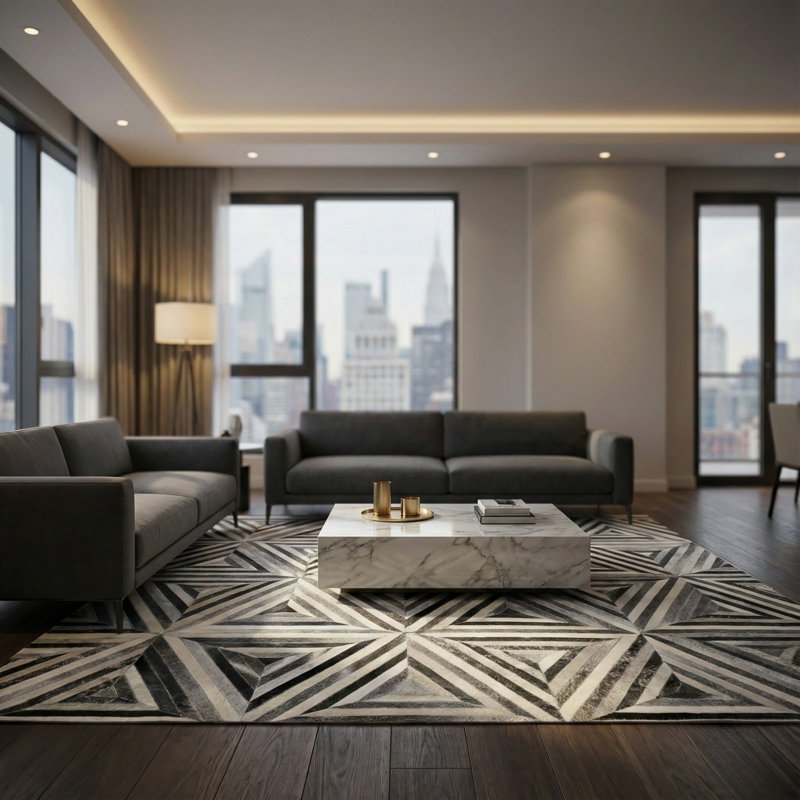 Handmade Geometric Leather Rug, Modern Luxury Area Rug, Black Grey Custom Size Available, Rectangle 9' x 12'
