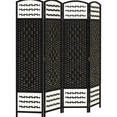 Paravent 4 panneaux pliable noir, écran d'intimité, 5,6 pi, cloison en fibre ondulée, tissé à la main pour la chambre à coucher, le salon, le coin astucieux